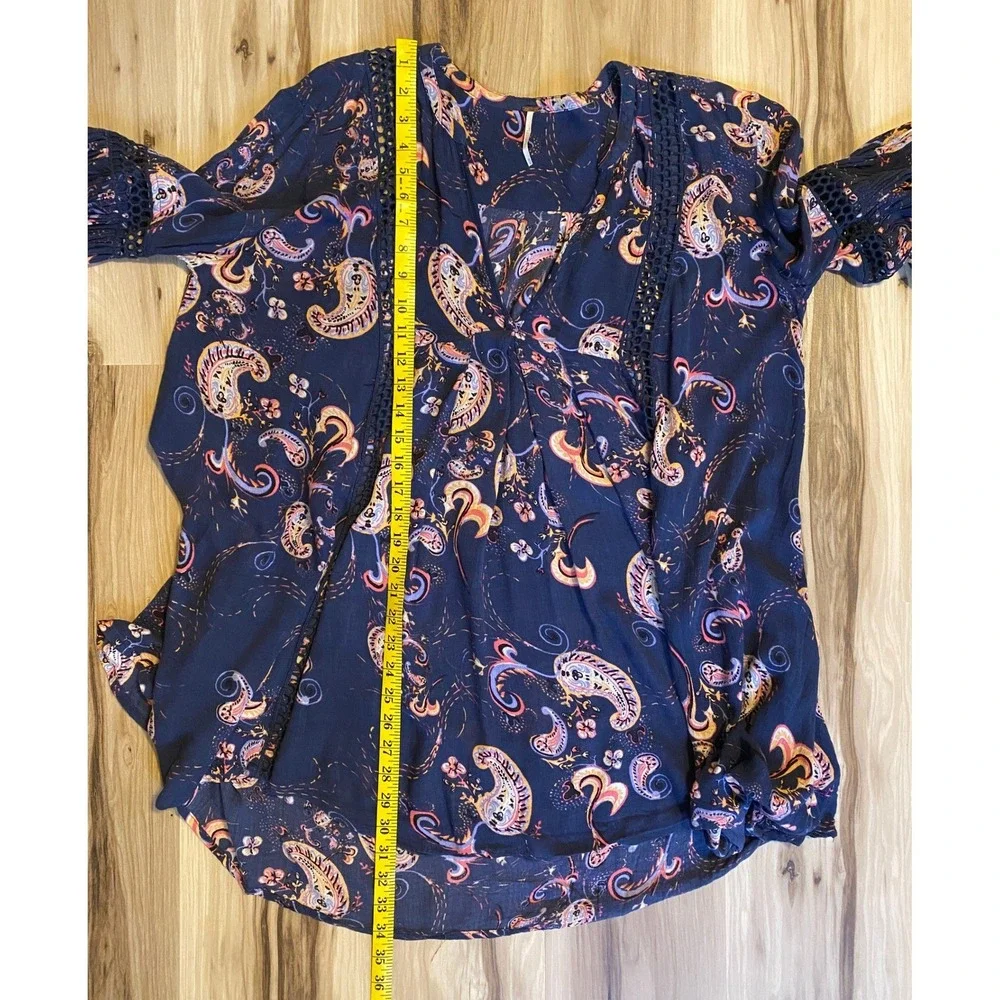 Free People Navy Floral Paisley Tunic Top Crochet Lace Balloon Sleeve Size M